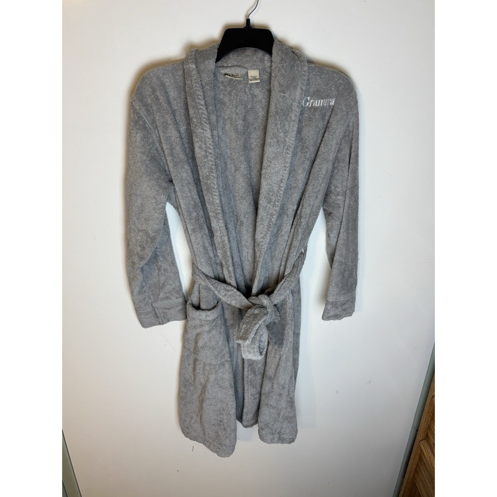 LL Bean Bathrobe Mens Small Gray Terry Cloth Belted Shower Embroidered "Gramma"